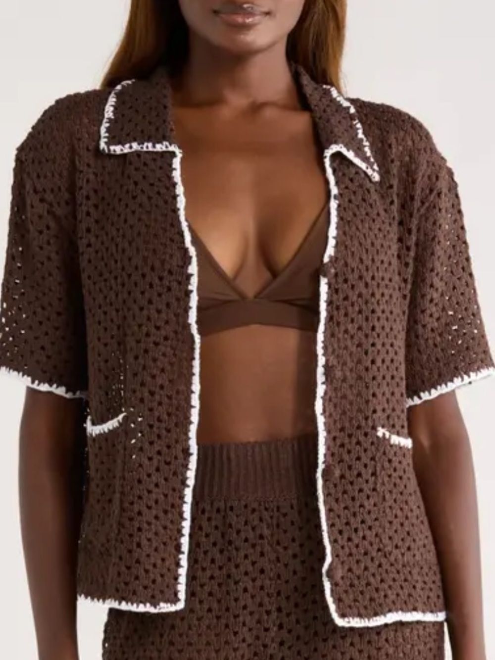 Elan Crochet Button-Up Cover-Up TOP, Brown/White, Size Medium, NWT
